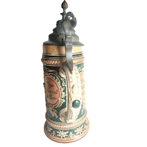 Antique Ceramic German Beer Stein Jakob Goldschmidt 1807 Hand-Painted Pewter Lid - Picture 3 of 16